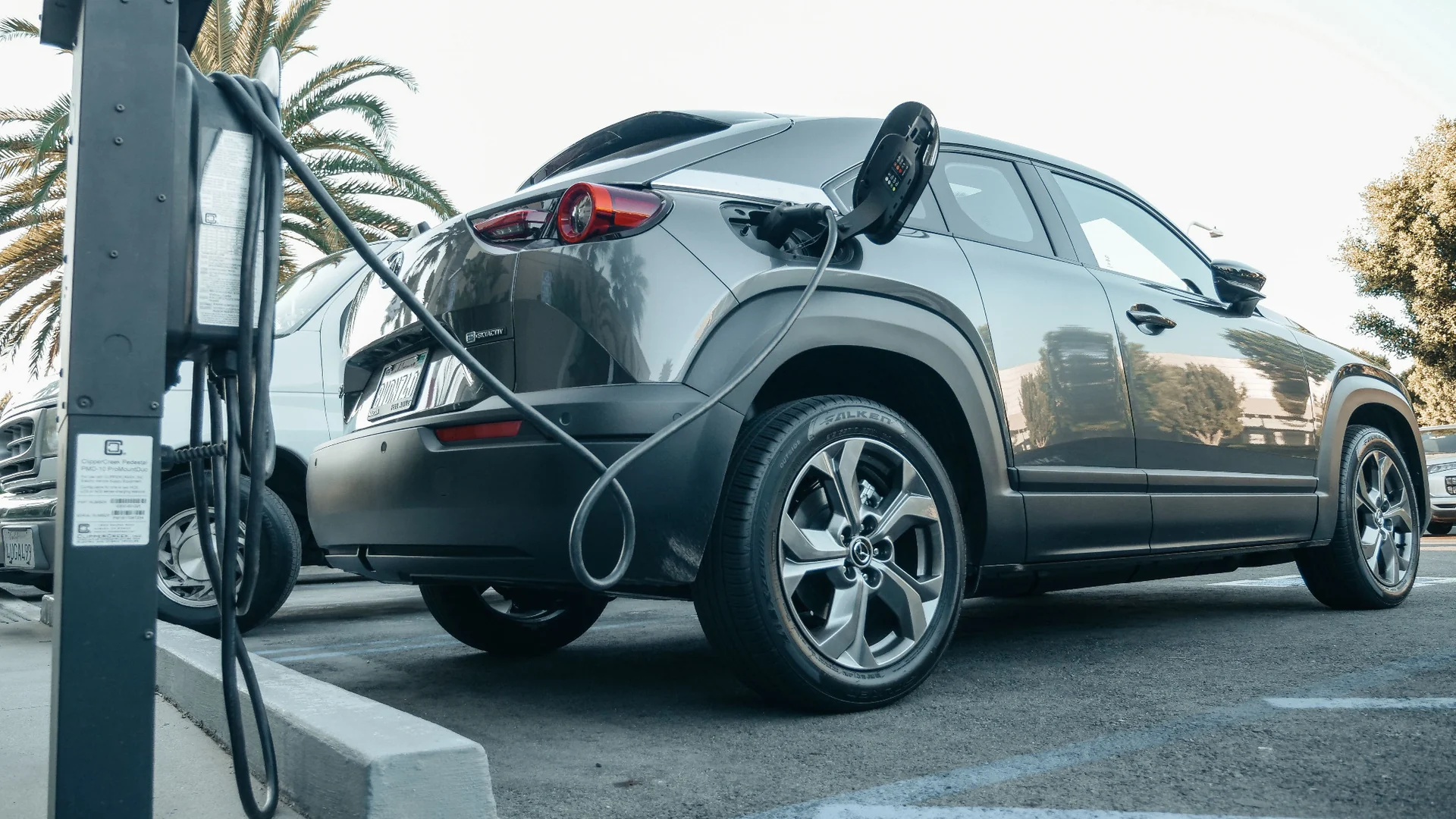 Electric vehicle connected to a public charging station